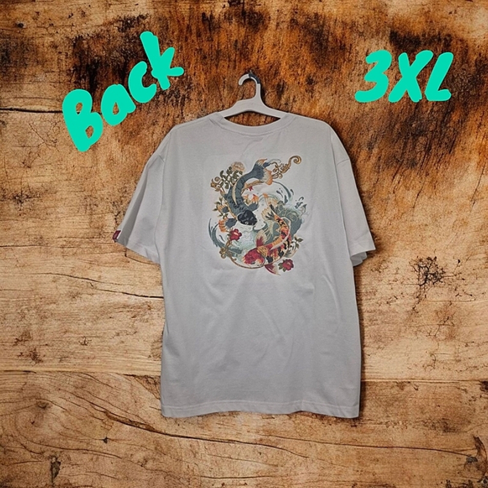 Dual Koi Embroidery Mens 3XL White T-Shirt